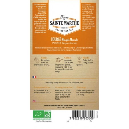Samenverpackung der Courge Musquée Muscade AB von La Ferme Sainte Marthe mit Anbauinformationen