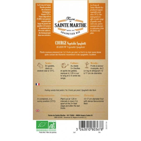 Samenbeutel der biologischen Courge Végétable Spaghetti AB von La Ferme Sainte Marthe mit Anbauanweisungen
