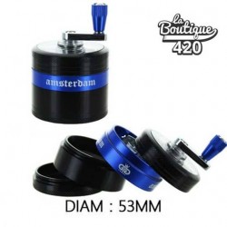 Amsterdam Kurbel-Grinder aus blau-schwarzem Aluminium 53mm mit 3-Stufen-System für optimales Mahlen