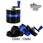 Amsterdam Kurbel-Grinder aus blau-schwarzem Aluminium 53mm mit 3-Stufen-System für optimales Mahlen