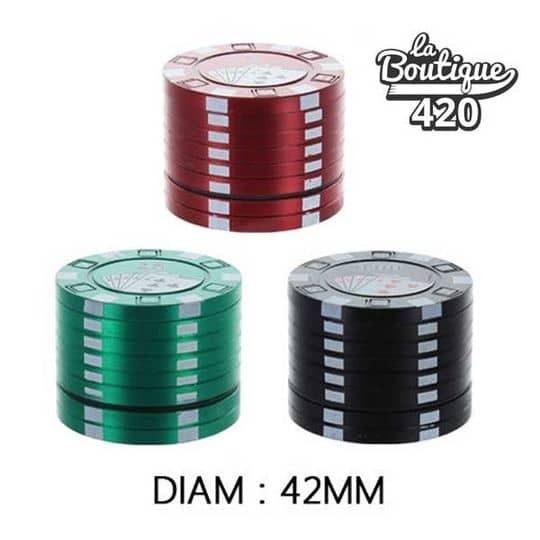 Poker Grinder 3-farbig aus eloxiertem Aluminium in Rot-Grün-Schwarz, 42mm mit Casino-Jeton-Design