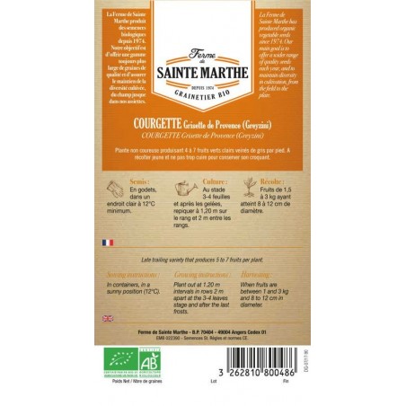 Bio-Samenbeutel der Courgette Grisette de Provence Greyzini von La Ferme Sainte Marthe zertifiziert AB