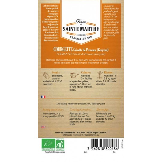 Bio-Samenbeutel der Courgette Grisette de Provence Greyzini von La Ferme Sainte Marthe zertifiziert AB