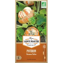 Potiron Giraumon Turban AB von La Ferme Sainte Marthe mit farbenfrohen dekorativen angebauten Früchten