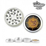 4-teiliger Barney's Farm Metallgrinder aus Aluminium mit integriertem Sieb und graviertem goldenem Sonnen-Design