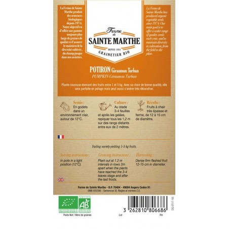 Bio-Samenbeutel des Potiron Giraumon Turban von La Ferme Sainte Marthe mit Anbauanweisungen