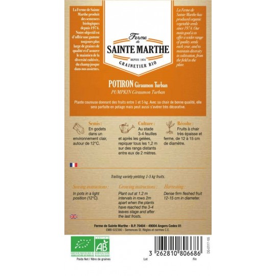 Bio-Samenbeutel des Potiron Giraumon Turban von La Ferme Sainte Marthe mit Anbauanweisungen