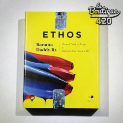 Offizielle Verpackung der feminisierten Banana Daddy R1 Samen von Ethos Genetics, premium 50/50-Hybrid