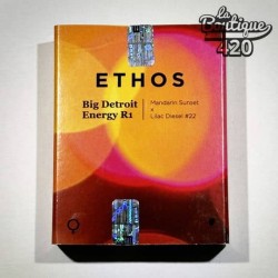 Offizielle Verpackung der feminisierten Big D Energy R1 Samen von Ethos Genetics mit farbigem orange- und mandarinrosa Design