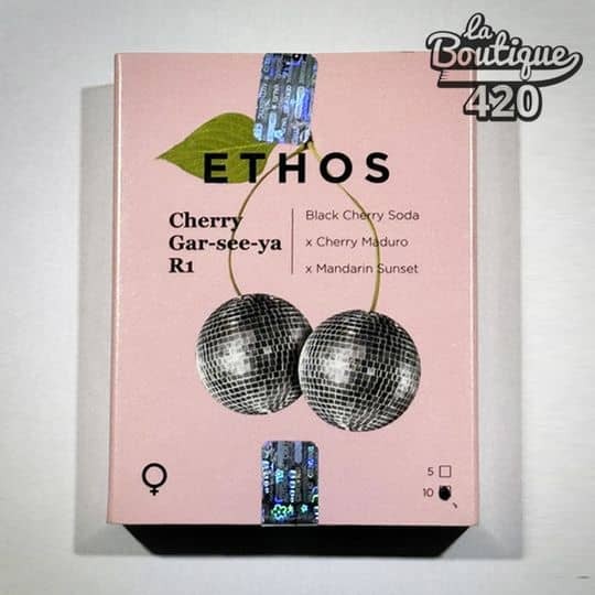Offizielle Verpackung der feminisierten Cherry Gar-see-ya R1 Samen von Ethos Genetics mit rosa und Disco-Design