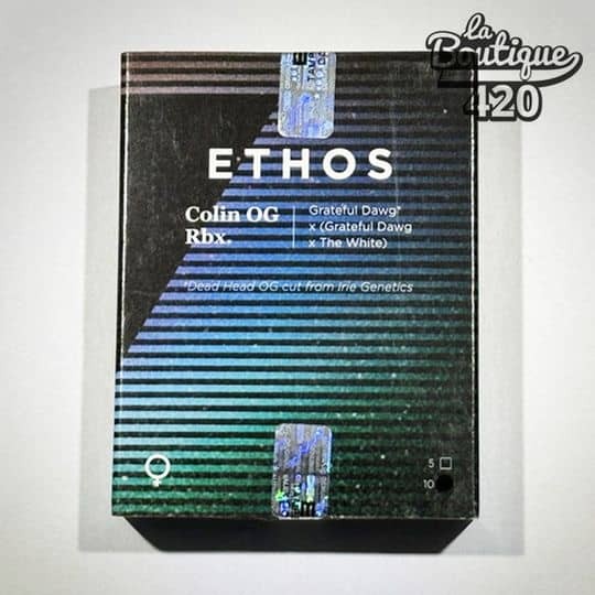 Verpackung der feminisierten Colin OG Rbx Samen von Ethos Genetics, premium Hybrid mit Sativa-Dominanz