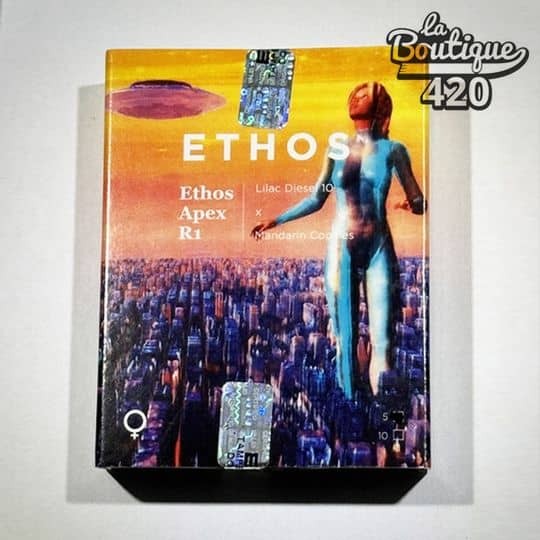 Verpackung der feminisierten Ethos Apex R1 Samen von Ethos Genetics mit elektronischem Schaltkreis und urbaner Silhouette