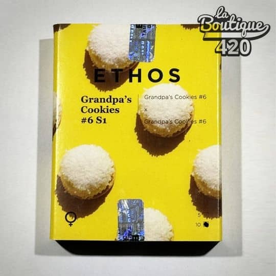 Gelbe Ethos Genetics Verpackung der feminisierten Grandpa's Cookies 6 S1 Samen mit Keks-Dekorationen