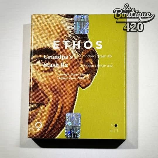 Offizielle Verpackung der feminisierten Grandpa's Stash Cannabissamen von Ethos Genetics
