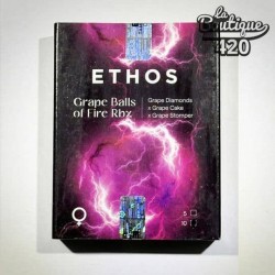 Offizielle Verpackung der feminisierten Grape Balls of Fire RBX-Samen von Ethos Genetics mit elektrisch violettem Design