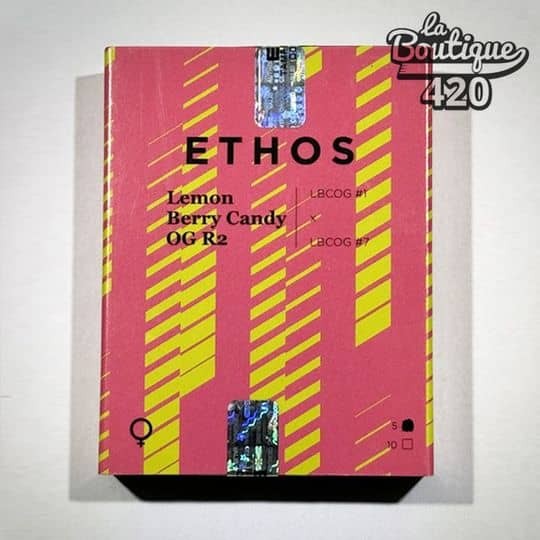 Premium-Verpackung der feminisierten Lemon Berry Candy OG R2 von Ethos Genetics, Hybridsorte für die Sammlung