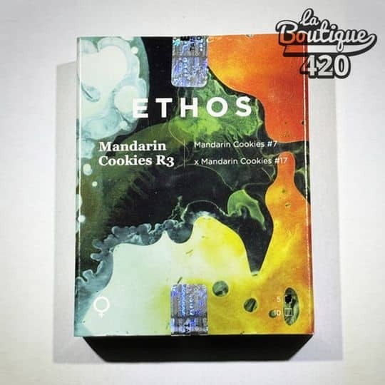 Offizielle Verpackung der feminisierten Mandarin Cookies R3-Samen von Ethos Genetics, Indica-Sativa-Hybrid für die Sammlung