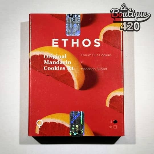 Rote Verpackung der feminisierten Original Mandarin Cookies-Samen von Ethos Genetics, Premium-Agrumen-Kollektion