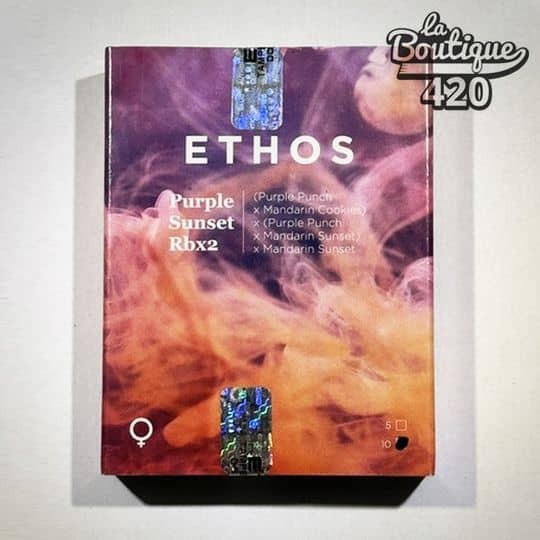Offizielle Verpackung der feminisierten Purple Sunset RBx2-Samen von Ethos Genetics mit farbenfrohem Violett- und Orange-Design