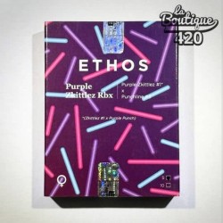 Verpackung der feminisierten Purple Zkittlez RBX-Samen von Ethos Genetics mit neonviolettem Design und Sorteninformationen
