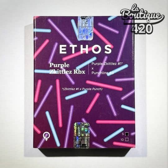 Verpackung der feminisierten Purple Zkittlez RBX-Samen von Ethos Genetics mit neonviolettem Design und Sorteninformationen