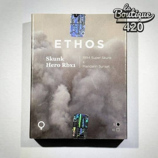 Offizielle Verpackung der feminisierten Skunk Hero RBX1-Samen von Ethos Genetics, Hybrid aus Super Skunk 1994 x Mandarin Sunset