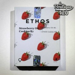 Offizielle Verpackung der feminisierten Strawberry OG Cookies R1-Samen von Ethos Genetics mit Erdbeer-Motiven