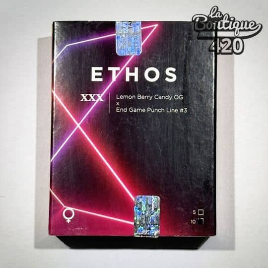 Premium-Verpackung der feminisierten XXX-Sorte von Ethos Genetics, Indica-dominanter Hybrid mit fruchtigen Aromen