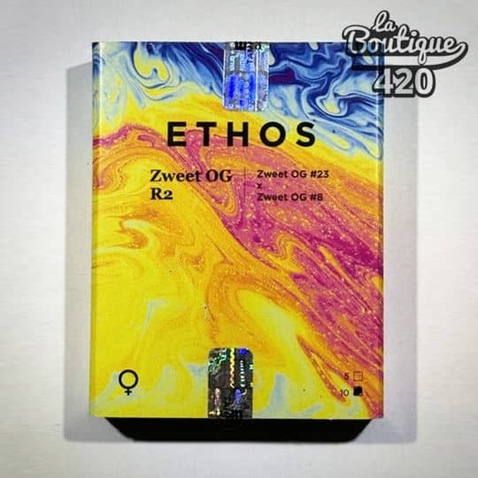 Farbige Verpackung der feminisierten Zweet OG R2-Samen von Ethos Genetics mit lebendigem künstlerischem Design