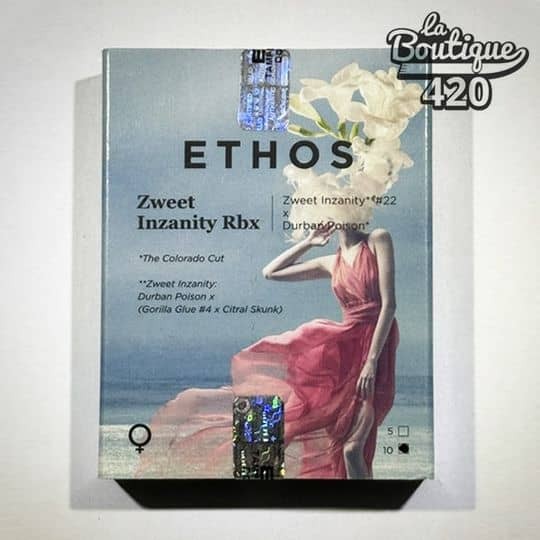 Premium-Verpackung der feminisierten Zweet Inzanity RBX-Samen von Ethos Genetics, 50/50-Hybrid mit 20-25% THC