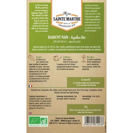 Samenbeutel der Haricot Nain Aiguillon Filet Mangetout AB von La Ferme Sainte Marthe zertifiziert bio