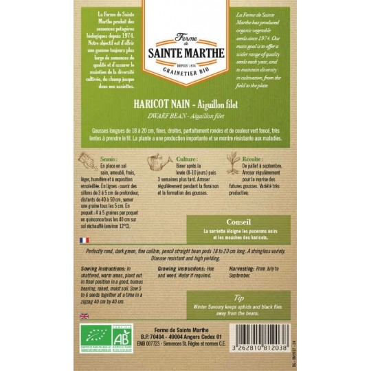 Samenbeutel der Haricot Nain Aiguillon Filet Mangetout AB von La Ferme Sainte Marthe zertifiziert bio