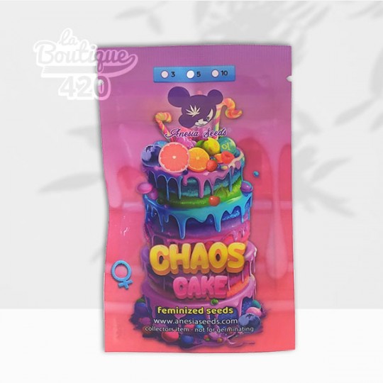Verpackung der feminisierten Chaos Cake Samen von Anesia Seeds, Hybrid mit 38% THC und Vanille- sowie Apfelaromen