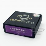 Elegante schwarze Verpackung der feminisierten Rainbow Gas Samen von Silent Seeds in limitierter Edition mit violettem Etikett