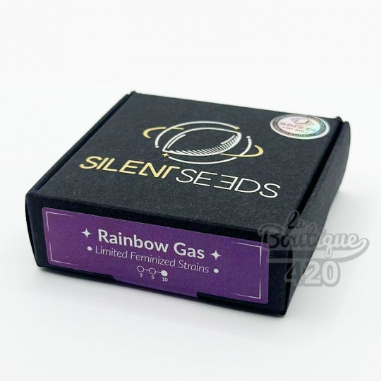 Elegante schwarze Verpackung der feminisierten Rainbow Gas Samen von Silent Seeds in limitierter Edition mit violettem Etikett