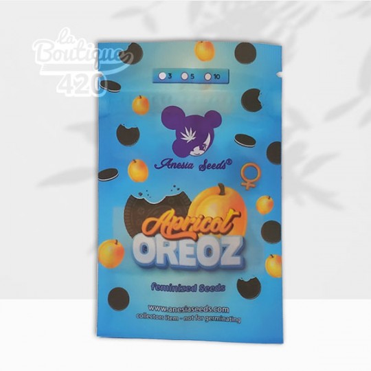 Verpackung der feminisierten Apricot Oreoz Samen von Anesia Seeds, 50/50 Indica-Sativa-Hybrid mit 36% THC, Premium-Collection