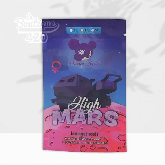 Samenpackung der feminisierten High Mars von Anesia Seeds mit Rekord-THC-Gehalt von 36%, sativa-dominanter Hybrid