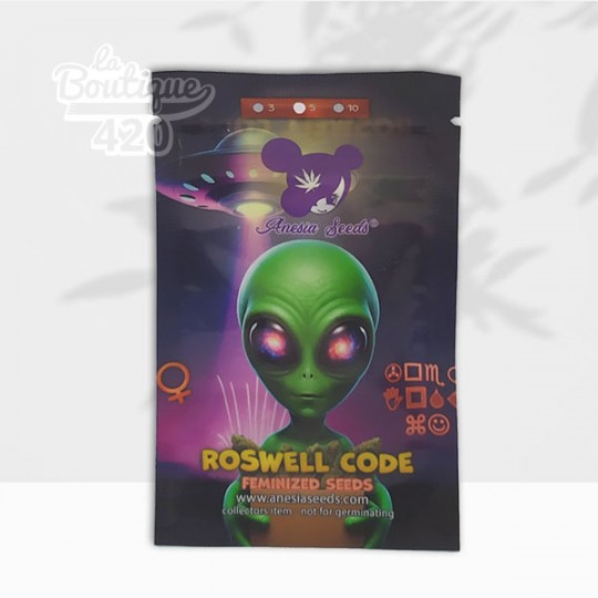 Samenpackung der feminisierten Roswell Code von Anesia Seeds mit grünem Alien und angezeigtem 39% THC