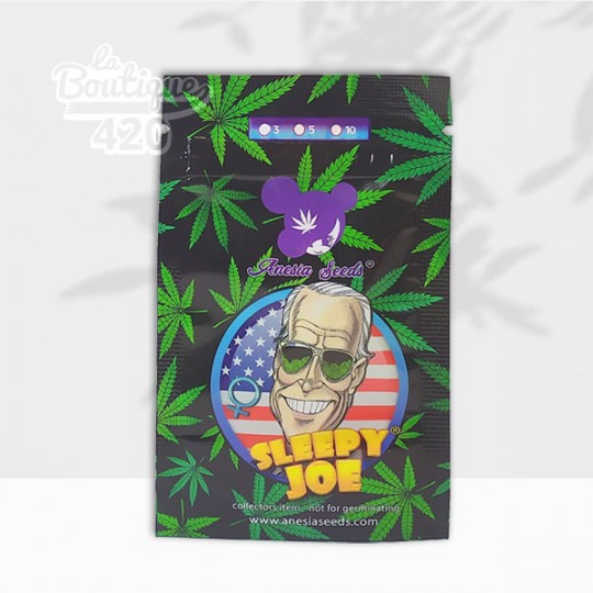 Samenpackung der feminisierten Sleepy Joe von Anesia Seeds mit farbigem Design mit Maskottchen und grünen Blättern