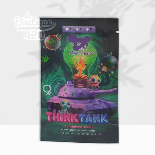 Samenpackung der feminisierten Think Tank von Anesia Seeds mit farbigem Design mit violettem Tank und Markenlogo