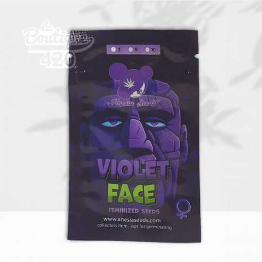 Packung feminisierter Violet Face Samen von Anesia Seeds mit charakteristischem violettem Design und Markenlogo