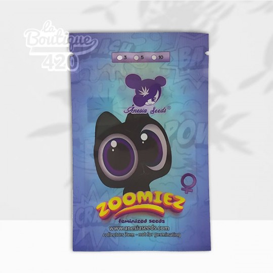 Packaging graines cannabis Zoomiez Anesia Seeds féminisées hybride 32% THC arômes barbe à papa collection