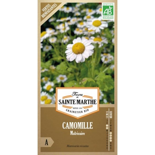 Samenbeutel mit biologischer Echter Kamille mit weißen Blüten und gelbem Herzen von La Ferme Sainte Marthe AB-zertifiziert