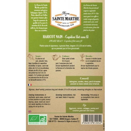 Samenbeutel der Haricot Nain Cupidon Filet Sans Fil Mangetout AB von La Ferme Sainte Marthe zertifiziert bio