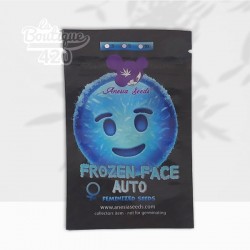 Sachet de graines Frozen Face Auto d'Anesia Seeds avec emoji bleu glacé et logo cannabis violet sur packaging noir