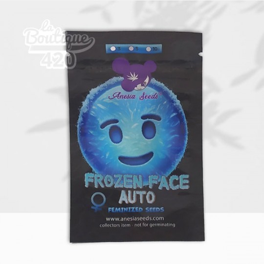 Sachet de graines Frozen Face Auto d'Anesia Seeds avec emoji bleu glacé et logo cannabis violet sur packaging noir