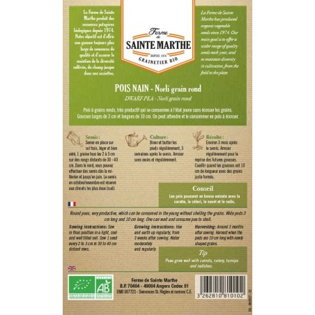 Samenbeutel der Pois Nain Norli grain rond mangetout bio zertifiziert AB von La Ferme Sainte Marthe