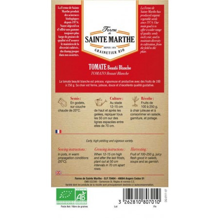 Bio-Samenbeutel Tomate Beauté Blanche von La Ferme Sainte Marthe, alte frühreife und nachbaubare Sorte
