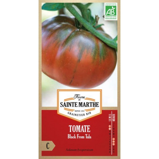 Samenpackung mit bio Tomatensamen Black From Tula von La Ferme Sainte Marthe, alte russische Sorte
