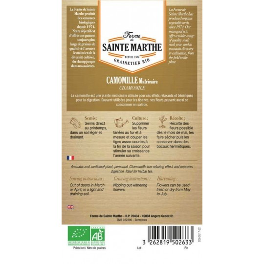 Zertifizierter Bio-Samenbeutel mit nachbaufähigen Camomille Matricaire AB von La Ferme Sainte Marthe